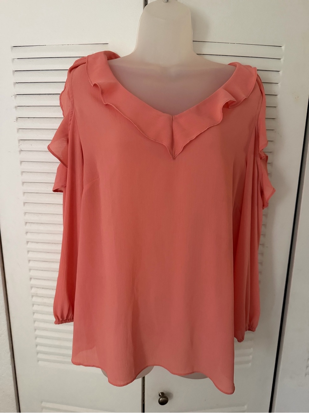 Zac & Rachel Coral Ruffle V-Neck Cold-Shoulder Blouse